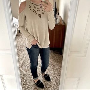 Hollister Cold Shoulder Beaded Tan Long Sleeve Top